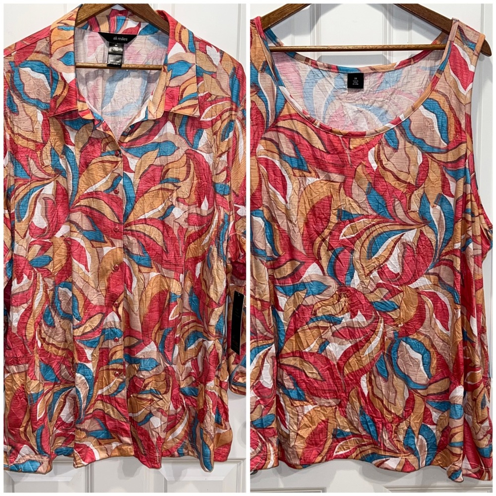 NWT Ali Miles Womens 3X 2-Piece Set Button Down Shirt and Tank Top Abstract
